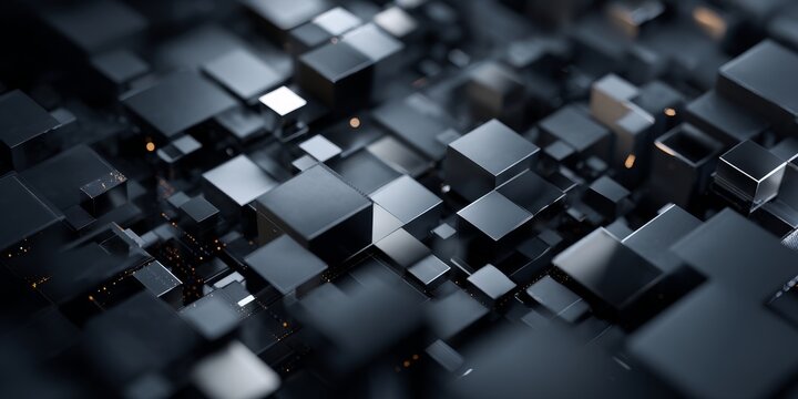 Abstract Cubes: An intricate composition of metallic cubes forms an abstract landscape, a visualization of technological advancement. The cubes create a dynamic texture of depth and form. 