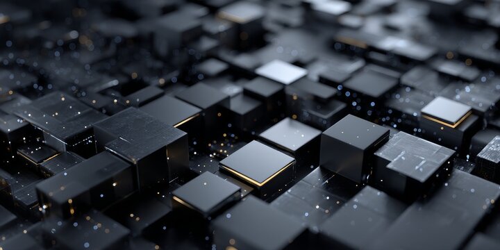 Abstract Black Cubes: A close-up view reveals an intricate arrangement of black cubes, showcasing the elegance of geometric design and technological advancement.