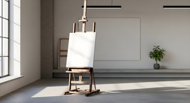 Empty artist easel in bright room creative space and art studio concept