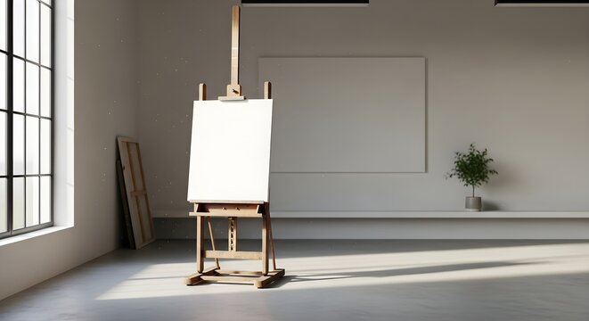 Art studio with easel window and blank canvas interior scene copy space