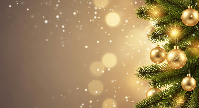 Warm and inviting festive Christmas tree branches adorned with shimmering golden ornaments, beautifully illuminated by soft bokeh lights, creating a magical holiday atmosphere with elegant space