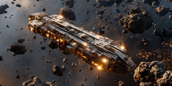 Space Freighter Navigation: A futuristic space freighter boldly navigates the celestial expanse, surrounded by asteroids, its lights blazing in the silent vacuum of space.