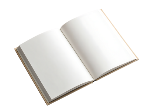 Open book with blank white pages and tan cover, cutout, PNG isolated on transparent background