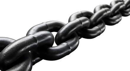 A powerful close-up of a heavy-duty metal chain stretching diagonally across the frame, with a shallow depth of field emphasizing its robust links. 