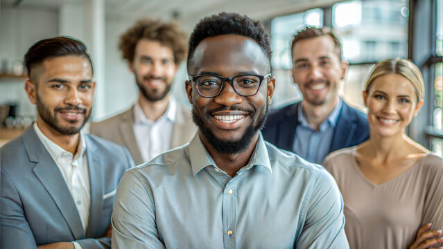 Smiling diverse team of employees with a focus on a black man during onboarding in a modern office