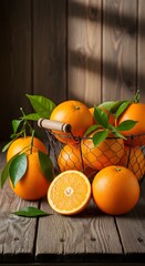 Fresh ripe oranges with green leaves arranged on rustic wooden surface with soft natural light casting shadows
