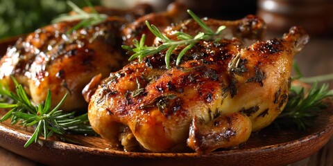 Roasted Quail: succulent roasted quail, a culinary masterpiece, arranged on a rustic wooden plate. Embellished with fragrant rosemary sprigs, it offers a visual and gastronomic delight.
