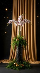 Elegant orchid floral arrangement with greenery and gold ornaments against a luxurious golden drape background