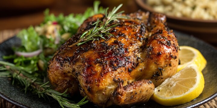 Culinary Delight: A delectable roasted chicken, presented with fresh rosemary sprigs and lemon wedges, is a feast for the eyes and a promise of delightful dining.