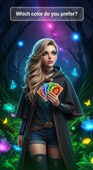 Young woman holding a fan of colorful paint swatches in a magical forest with glowing butterflies and mystical lights