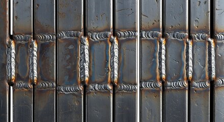 A detailed close-up showcasing a series of strong and expertly crafted metal welds connecting square steel bars, creating a robust and industrial pattern.