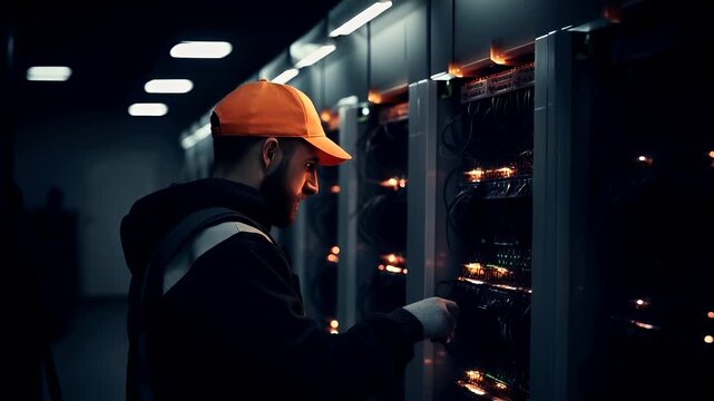 Data center. A man in a black jacket and orange cap is engrossed in a server room. He is intently working on a network switch, surrounded by rows of illuminated servers.