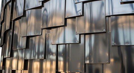 An abstract and captivating close-up of overlapping metallic panels, resembling scales or modern architectural cladding, reflecting soft light.