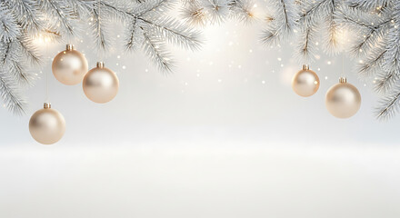 Festive holiday banner with white fir branches, hanging golden baubles, and glowing lights on a silver background