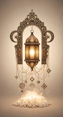 Ornate antique islamic lantern with intricate metalwork and glowing warm light casting a soft ethereal glow on a decorative base