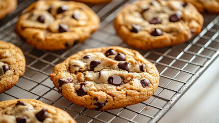 Delicious homemade chocolate chip cookies cooling on a metal wire rack for National Cookie Day, Chocolate Chip Cookie Week, Cookie Exchange Day, Homemade Cookies Day
