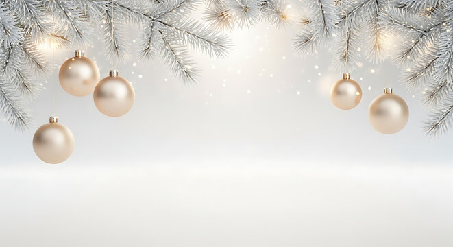 Festive holiday banner with white fir branches, hanging golden baubles, and glowing lights on a silver background
