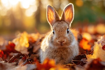 Cute rabbit in autumn leaves
