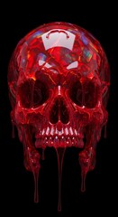 Visceral and terrifying red crystal skull dripping with liquid blood against a stark black background