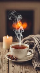 Cozy warm cup of hot coffee steaming gently beside a glowing candle and soft blanket near a fireplace
