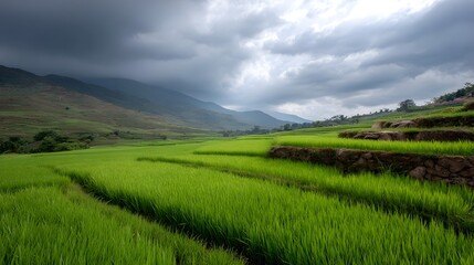 Fototapeta premium Vast green terraced rice paddies stretch across a mountain valley under a dramatic brooding overcast sky