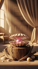 A large iridescent pearl glowing with soft pink light rests inside an open oyster shell on a rustic wooden pedestal bathed in warm sunlight