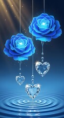 Two luminous blue roses suspended above rippling water with crystal hearts and sparkling droplets creating a magical and romantic atmosphere