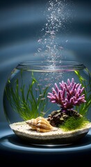 Bubbling underwater scene in a clear glass aquarium with purple coral a seashell and green aquatic plants