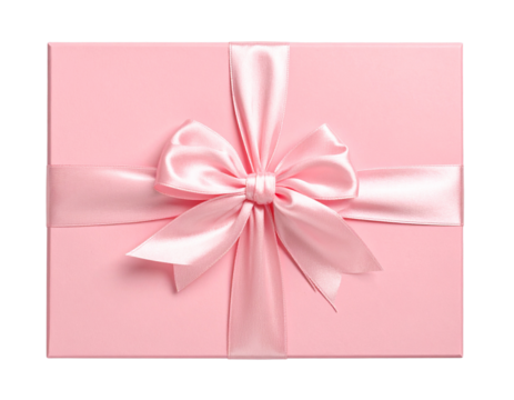 Top View of Pink Present Box with Decorative Bow, isolated on transparent background.