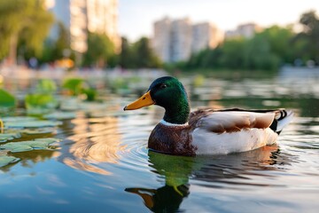 Fototapeta premium Mallard duck swimming in a serene lake