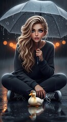 Young woman with blonde curly hair sitting cross legged under a clear umbrella in the rain holding a small duckling