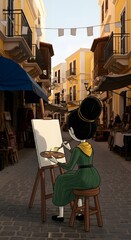 Artist dressed in historical costume paints a scene on canvas in a charming european street market during golden hour