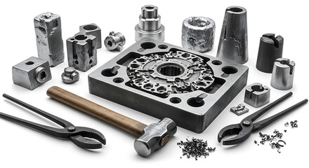 A comprehensive display of various metal forging components, industrial parts, and tools arranged on a clean white background.