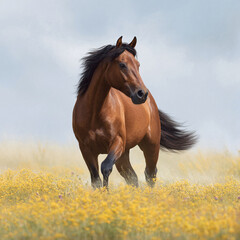 Obraz premium Majestic chestnut horse galloping through a field of vibrant yellow flowers. Evokes freedom, power, and natural beauty. Perfect for themes of strength, wildlife, and rural life.