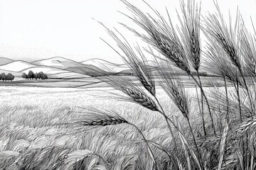 Wheat field landscape sketch with mountains and detailed rye ears in the foreground, agriculture nature scene. Wheat field vintage pen drawing