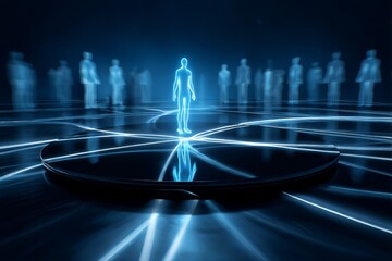 Digital human figure standing on glowing neon light lines, abstract futuristic technological concept background. Digital human figure