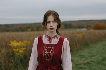 Young woman in a beautiful traditional red russian sarafan and embroidered shirt, standing in an autumn field.