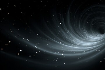 Abstract space tunnel visualization with swirling lights and dark gray smoke, moving vortex effect with glowing particles.