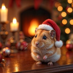 Hamster playful wearing a Santa hat against a festive hearth and tree