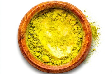 Bright yellow powder in a rustic wooden bowl, isolated on a clean white background. Vibrant pigment, spice, or cosmetic ingredient, viewed from directly above.