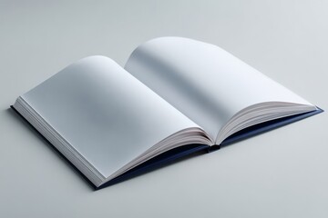 Open blank book mockup with a dark blue cover and empty pages spread wide on a grey surface. Clean template for novel, document, or textbook design presentation.