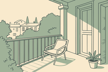 Minimal balcony with chair and plants, soft warm sunlight, flat 2D vector illustration