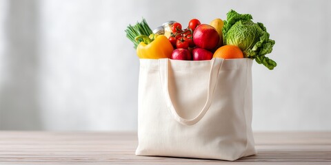 A bag full of fresh groceries: A vibrant and colorful assortment of fresh produce spills from a reusable shopping bag, emphasizing the abundance and vitality of healthy eating. 