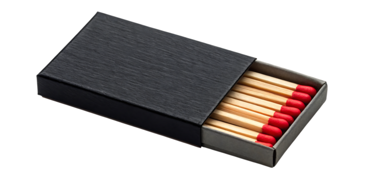 Black matchbox with red tipped matches partially open, cutout, PNG isolated on transparent background