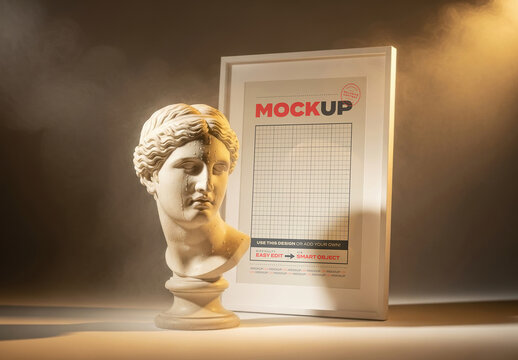 Frame Stand Poster Mockup with Bust Statue