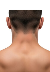 Naklejka premium Muscular male nape and shoulders, close-up, thick trapezius muscles, skin texture, and hair follicles, on blurred transparent background, concept of male anatomical strength