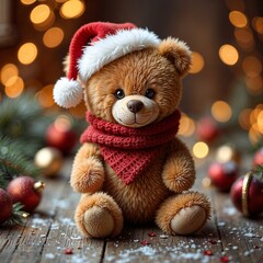 Teddy Bear warm smiling in winter decor against golden holiday bokeh