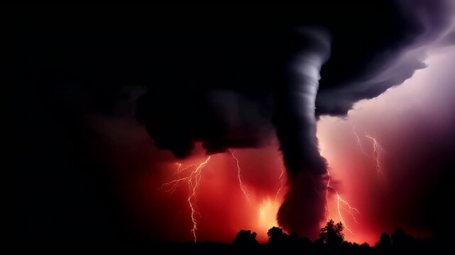 A vivid portrayal of a volcanic eruption, captured in a dramatic style. The sky is awash with a deep red hue, punctuated by streaks of lightning that seem to emanate from the ground.