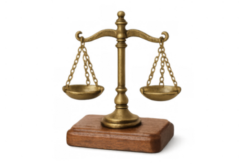 Brass scales of justice balanced on a wooden base, symbolizing legal concepts like equity, law, and fairness, on transparent background