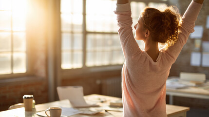 Young woman stretching near workspace after remote meeting, morning sunlight, calm motivated lifestyle, modern home office wellness